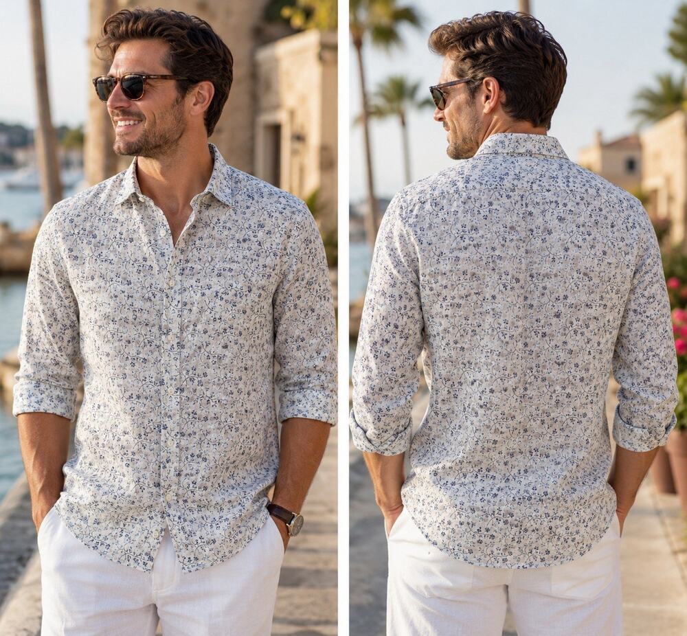Murano Baird McNutt Linen Shirt Mens L White Blue Floral Button Front Coastal
